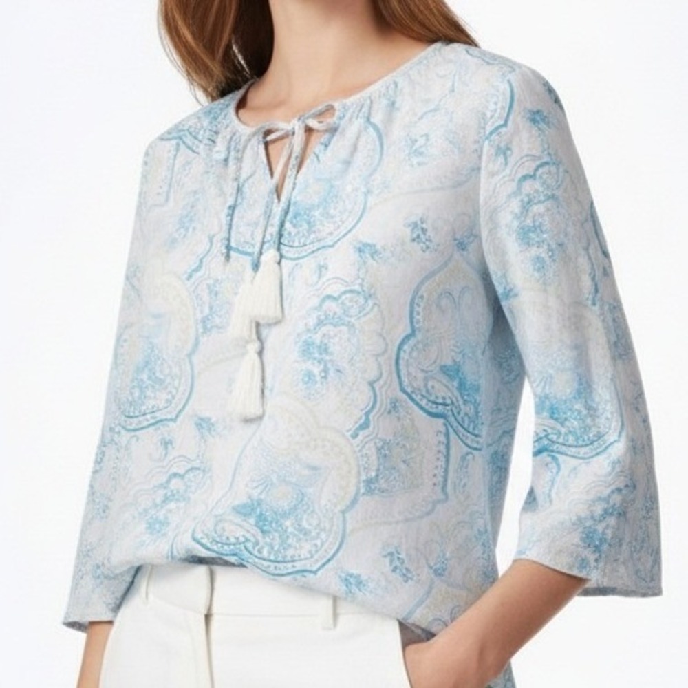 Chico's ‎ Tassel Tie Paisley Blouse Polyester Spandex Casual Size 2 Women